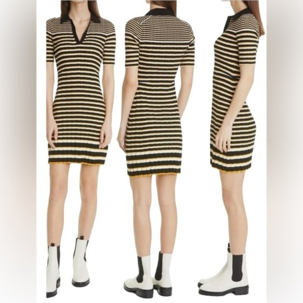 Theory Women’s Dr. Hud Irregular Stripe Rib Polo Dress in Black & Amber Size L
